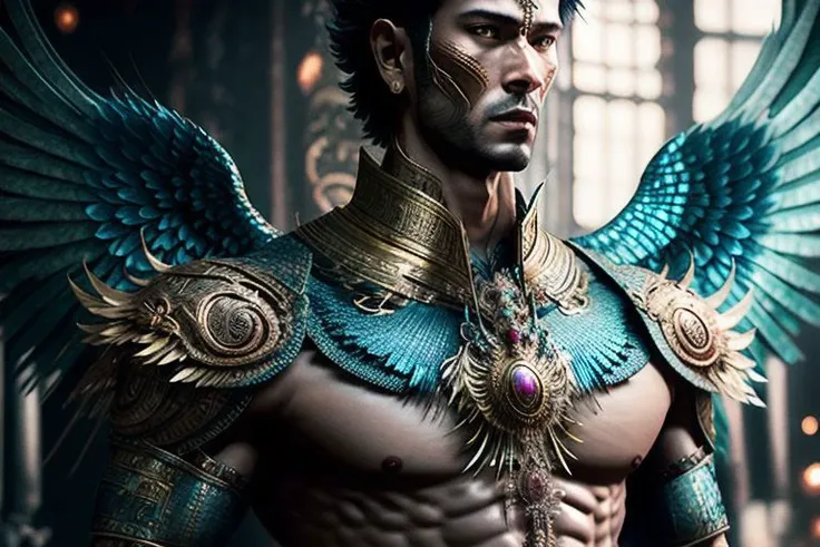 ((((1boy , medium shot :1.5)))),(8k, RAW photo, best quality, masterpiece:1.2), (realistic, photo-realistic:1.4), (extremely detailed CG unity 8k wallpaper) , (( photo of handsome male Garud huge body top half of the man. handsome face, The lower half is hummingbird. wearing Haute Couture thai style , detailed intricate ornate armour, Very realistic, decaying, cybernetic, celebration costume, jewellery, adorned with iridescent gems :: standing inside a thai buddhist temple, angel, by thawan duchanee and chalermchai kositpipat stylel :1.4)),((super biggest muscle chest )), ((muscular arms and a broad chest, strong, athletic, muscle:1.3 )), hyper detailed, soft lighting, strong backlight, beautiful lighting , hyperreal, front shot, ((random photorealistic full pose :1.3)),(day scene:1.2) 4k, cinematic, widescreen, zoom out, intricate detail, finely detailed, hyper detailed, insane details, centered, epic composition, smooth, extreamly realistic, cenematic, attractive beautiful, hyper realistic, photographed by Canon EOS 6D Mark II RF