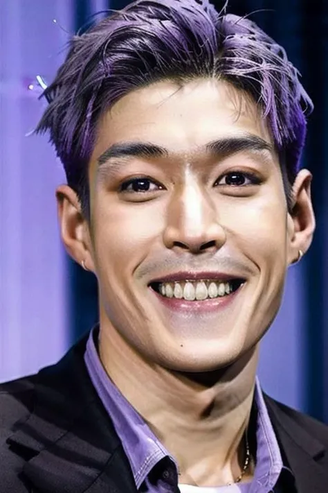 ((((1boy , medium shot, light purple hair color :1.5)))),(8k, RAW photo, best quality, masterpiece:1.2), (realistic, photo-realistic:1.4), (extremely detailed CG unity 8k wallpaper) , (( smile close up shot portrait of a charming Horsen posing for shang yoon magazine in light blue, in the style of deconstructed tailoring, close up, rounded, precisionist, limited color range, duckcore, celestial :1.4)),((super biggest muscle chest )), ((muscular arms and a broad chest, strong, athletic, muscle:1.3 )), hyper detailed, soft lighting, strong backlight, beautiful lighting , hyperreal, front shot, ((random photorealistic full pose :1.3)),(day scene:1.2) 4k, cinematic, widescreen, zoom out, intricate detail, finely detailed, hyper detailed, insane details, centered, epic composition, smooth, extreamly realistic, cenematic, attractive beautiful, hyper realistic, photographed by Canon EOS 6D Mark II RF