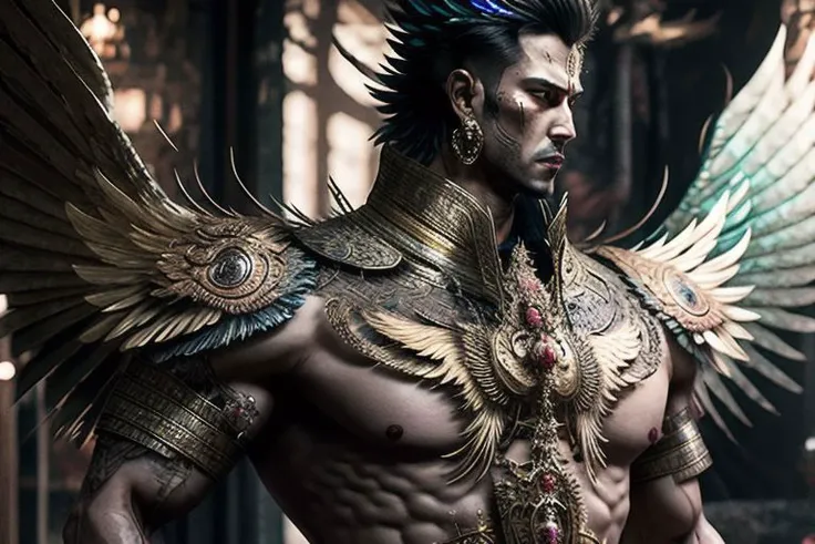 ((((1boy , full shot :1.5)))),(8k, RAW photo, best quality, masterpiece:1.2), (realistic, photo-realistic:1.4), (extremely detailed CG unity 8k wallpaper) , (( photo of handsome male Garud huge body top half of the man. handsome face, The lower half is hummingbird. wearing Haute Couture thai style , detailed intricate ornate armour, Very realistic, decaying, cybernetic, celebration costume, jewellery, adorned with iridescent gems :: standing inside a thai buddhist temple, angel, by thawan duchanee and chalermchai kositpipat stylel :1.4)),((super biggest muscle chest )), ((muscular arms and a broad chest, strong, athletic, muscle:1.3 )), hyper detailed, soft lighting, strong backlight, beautiful lighting , hyperreal, front shot, ((random photorealistic full pose :1.3)),(day scene:1.2) 4k, cinematic, widescreen, zoom out, intricate detail, finely detailed, hyper detailed, insane details, centered, epic composition, smooth, extreamly realistic, cenematic, attractive beautiful, hyper realistic, photographed by Canon EOS 6D Mark II RF