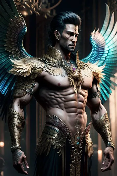 ((((1boy , medium shot :1.5)))),(8k, RAW photo, best quality, masterpiece:1.2), (realistic, photo-realistic:1.4), (extremely detailed CG unity 8k wallpaper) , (( photo of handsome male Garud huge body top half of the man. handsome face, The lower half is hummingbird. wearing Haute Couture thai style , detailed intricate ornate armour, Very realistic, decaying, cybernetic, celebration costume, jewellery, adorned with iridescent gems :: standing inside a thai buddhist temple, angel, by thawan duchanee and chalermchai kositpipat stylel :1.4)),((super biggest muscle chest )), ((muscular arms and a broad chest, strong, athletic, muscle:1.3 )), hyper detailed, soft lighting, strong backlight, beautiful lighting , hyperreal, front shot, ((random photorealistic full pose :1.3)),(day scene:1.2) 4k, cinematic, widescreen, zoom out, intricate detail, finely detailed, hyper detailed, insane details, centered, epic composition, smooth, extreamly realistic, cenematic, attractive beautiful, hyper realistic, photographed by Canon EOS 6D Mark II RF