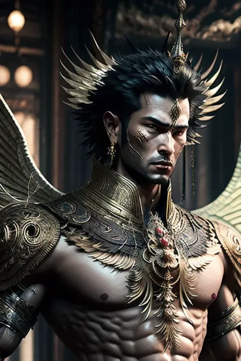 ((((1boy , full shot :1.5)))),(8k, RAW photo, best quality, masterpiece:1.2), (realistic, photo-realistic:1.4), (extremely detailed CG unity 8k wallpaper) , (( photo of handsome male Garud huge body top half of the man. handsome face, The lower half is hummingbird. wearing Haute Couture thai style , detailed intricate ornate armour, Very realistic, decaying, cybernetic, celebration costume, jewellery, adorned with iridescent gems :: standing inside a thai buddhist temple, angel, by thawan duchanee and chalermchai kositpipat stylel :1.4)),((super biggest muscle chest )), ((muscular arms and a broad chest, strong, athletic, muscle:1.3 )), hyper detailed, soft lighting, strong backlight, beautiful lighting , hyperreal, front shot, ((random photorealistic full pose :1.3)),(day scene:1.2) 4k, cinematic, widescreen, zoom out, intricate detail, finely detailed, hyper detailed, insane details, centered, epic composition, smooth, extreamly realistic, cenematic, attractive beautiful, hyper realistic, photographed by Canon EOS 6D Mark II RF