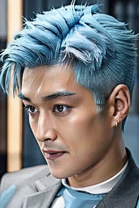 ((((1boy , medium shot, light blue hair color :1.5)))),(8k, RAW photo, best quality, masterpiece:1.2), (realistic, photo-realistic:1.4), (extremely detailed CG unity 8k wallpaper) , (( close up shot portrait of a charming Horsen posing for shang yoon magazine in light blue, in the style of deconstructed tailoring, close up, rounded, precisionist, limited color range, duckcore, celestial :1.4)),((super biggest muscle chest )), ((muscular arms and a broad chest, strong, athletic, muscle:1.3 )), hyper detailed, soft lighting, strong backlight, beautiful lighting , hyperreal, front shot, ((random photorealistic full pose :1.3)),(day scene:1.2) 4k, cinematic, widescreen, zoom out, intricate detail, finely detailed, hyper detailed, insane details, centered, epic composition, smooth, extreamly realistic, cenematic, attractive beautiful, hyper realistic, photographed by Canon EOS 6D Mark II RF