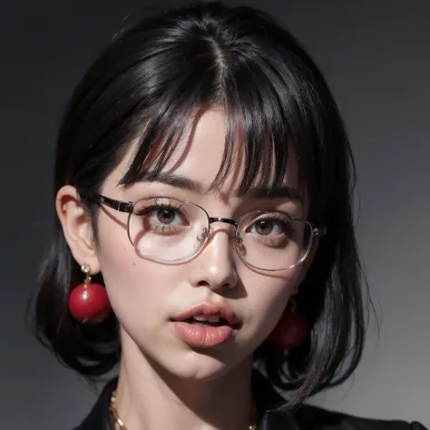 a woman with glasses, nose piercing, straight short black hair, red lips and earrings sticking her tongue out