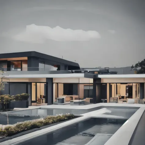 A modern two floor house with a swimming pool and garden <lora:detailia_yiu_v20:1>