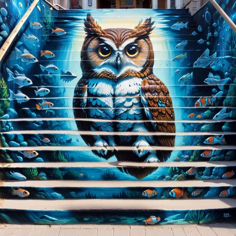 stairs art, underwater, night owl, stair-art, <lora:stair-art2:1>
