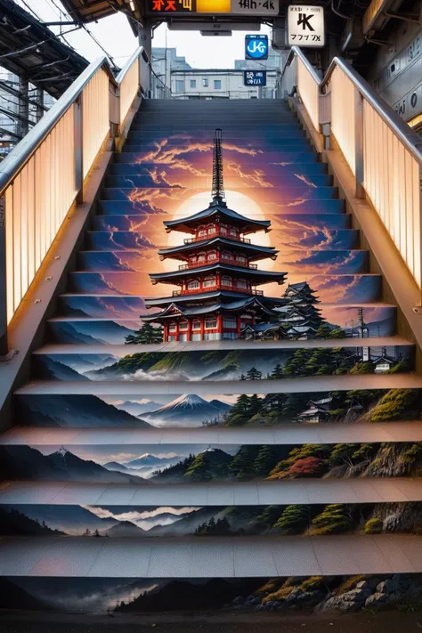 stairs of japanese train station <lora:stairart2:1> stair-art, <lora:EnvyBetterHiresFixXL01:1>, (high detailed skin:1.2), 8k uhd, dslr, soft lighting, high quality, film grain, Fujifilm XT3