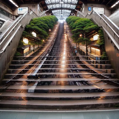 stairs of japanese train station, (high detailed skin:1.2), 8k uhd, dslr, soft lighting, high quality, film grain, Fujifilm XT3, stair-art, <lora:stair-art2:1>