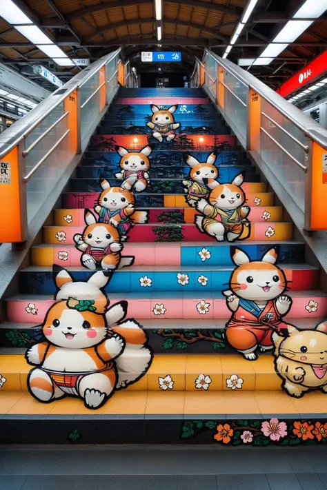 stairs of japanese train station  <lora:stairart2:1> stair-art, <lora:EnvyBetterHiresFixXL01:1>, (high detailed skin:1.2), 8k uhd, dslr, soft lighting, high quality, film grain, Fujifilm XT3