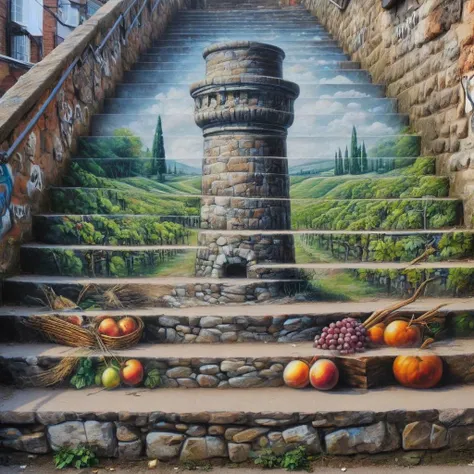 stair-art, vineyard, hearth,skyscraper,chimney pot,<lora:stair-art2:1>