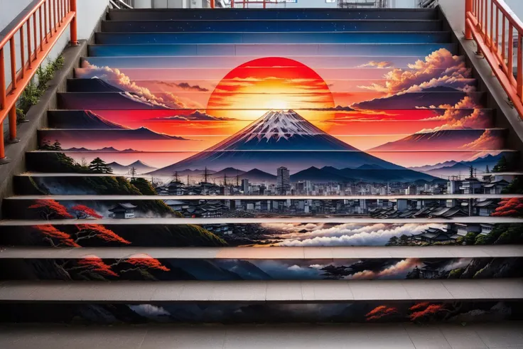 red rising sun over fuji on stairs of japanese train station <lora:stair-art2:1> stair-art, (high detailed skin:1.2), 8k uhd, dslr, soft lighting, high quality, film grain, Fujifilm XT3, <lora:EnvyBetterHiresFixXL01:1>