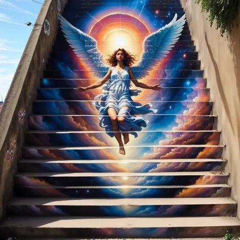 stairs art, a flying angel looks into the open world from, stair-art, <lora:stair-art2:1>