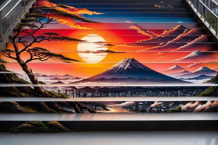 red rising sun over fuji on stairs of japanese train station <lora:stair-art2:1> stair-art, (high detailed skin:1.2), 8k uhd, dslr, soft lighting, high quality, film grain, Fujifilm XT3, <lora:EnvyBetterHiresFixXL01:1>