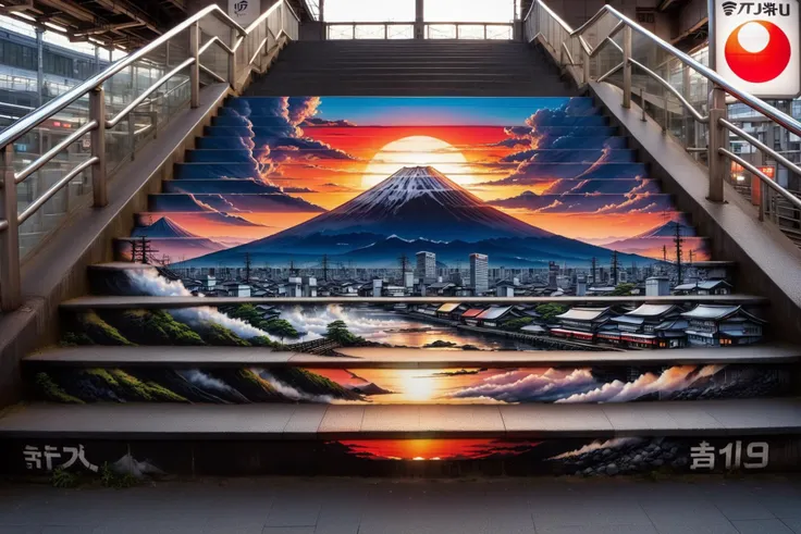 red rising sun over fuji on stairs of japanese train station <lora:stair-art2:1> stair-art, (high detailed skin:1.2), 8k uhd, dslr, soft lighting, high quality, film grain, Fujifilm XT3, <lora:EnvyBetterHiresFixXL01:1>