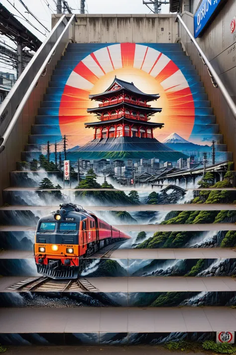 godzilla on stair of japanese train station <lora:stairart2:1> stair-art, <lora:EnvyBetterHiresFixXL01:1>, (high detailed skin:1.2), 8k uhd, dslr, soft lighting, high quality, film grain, Fujifilm XT3