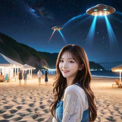 highres,best quality,headshot of krnpp , long brown hair, an alien making friends with krnpp, ufo in the background, night, a beach, smile <lora:karina_sdxl_v3-000039:1> detailed, intricate, 8k,