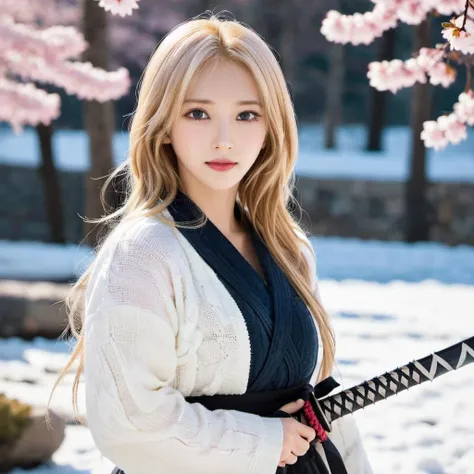 highres,best quality,photo,upper body of krnpp, long blonde hair<lora:karina_sdxl_v3-000039:1>, holding a long katana , sakura, winter