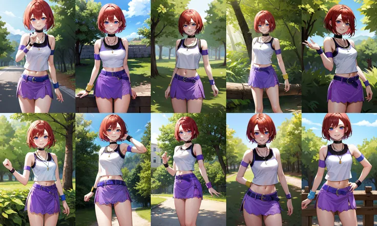 masterpiece, best quality, highres, aakairi, short hair, blue eyes, necklace, choker, tank top, white shirt, armband, wristband, midriff, purple belt, purple skirt, <lora:kairi_v1:0.7>, cowboy shot, standing, outdoors, smile