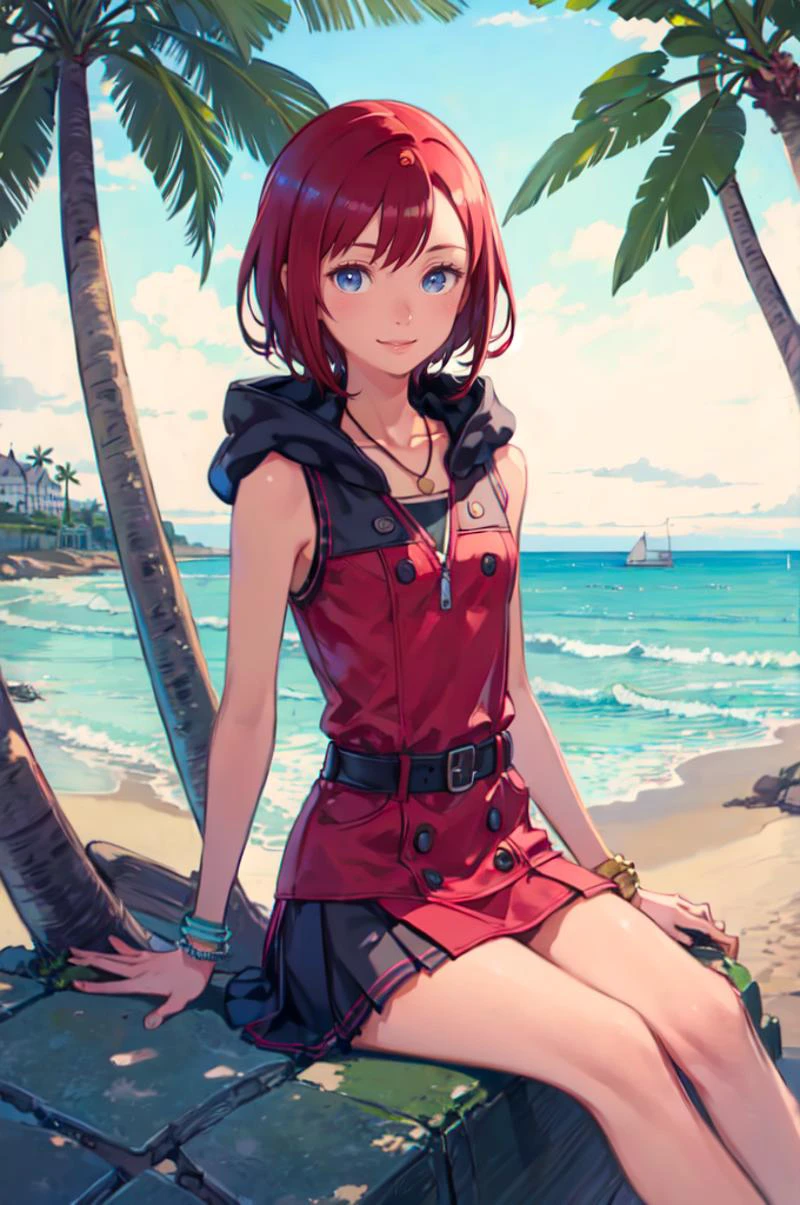 smile, wading, sea, ocean, beach, sitting in tree, palm tree, <lora:kairi_v1:0.7> cckairi, medium hair, necklace, bare shoulders, hoodie, buttons, sleeveless, bracelet, belt buckle, black belt, pink skirt, <lora:kuroboshi_kouhaku_style_v01:1>, absurdres, ultra detailed, masterpiece, best quality, aesthetic, detailed,