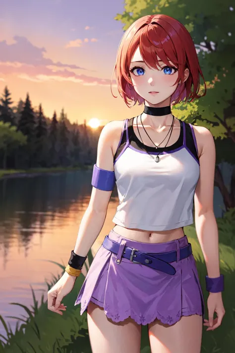 masterpiece, best quality, highres, aakairi, short hair, blue eyes, necklace, choker, tank top, white shirt, armband, wristband, midriff, purple belt, purple skirt, <lora:kairi_v1:0.7>, cowboy shot, standing, outdoors, sunset,