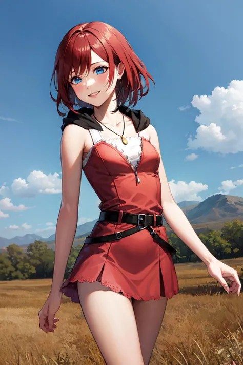 masterpiece, best quality, highres, bbkairi, medium hair, blue eyes, necklace, hood, short dress, pink dress, sleeveless dress, belt, <lora:kairi_v1:0.7>, standing, cowboy shot, outdoors, smile