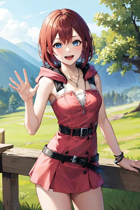 1girl,cowboy shot, beautiful nora_valkyrie, looking at viewer, smile, short hair, blue eyes,heart cutout, gloves, jacket, pink skirt, pink belt, short sleeves, puffy sleeves, fingerless gloves, orange hair, pink gloves,, night, outdoors, mountain, (volumetric lighting), best quality, masterpiece, intricate details, tonemapping, sharp focus, hyper detailed, trending on Artstation,