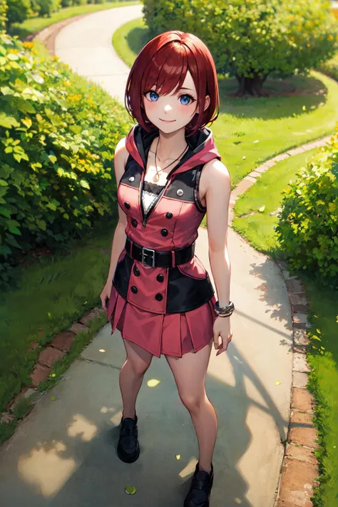 masterpiece, best quality, highres, cckairi, medium hair, necklace, bare shoulders, hoodie, buttons, sleeveless, bracelet, belt buckle, black belt, pink skirt, <lora:kairi_v1:0.7>, standing, standing, from above, outdoors, smile