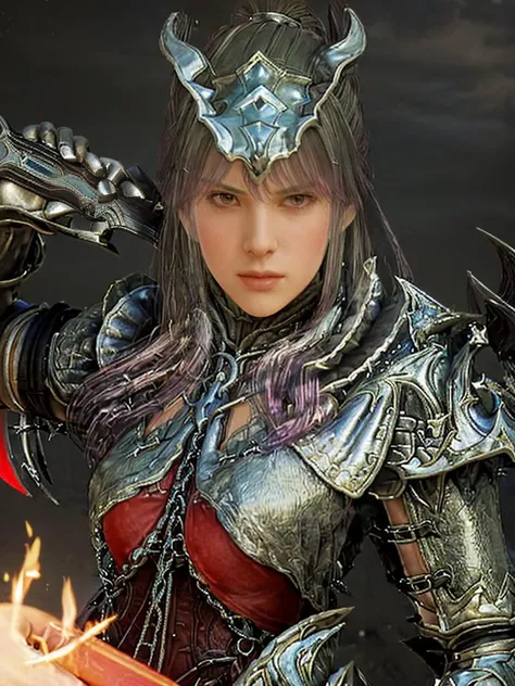 woman, <lora:BDO_DR4KANIA:1.3>, ((exclaire)), sword, tree at background, flame, (sword fight), ((action-packed)), darkness,