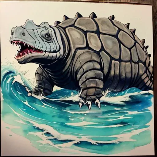1girl,masterpiece,best quality, by David Goldblatt, Water color painting, extremely stylish, eye-level shot of a Boorish (Ankylosaurus:1.2) , water with Poinsettia, soft focus, Dark Wave Art, F/2.8, Kinemacolor, sunny, cool colors, radiant, atmosphere, intricate detail