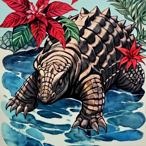 1girl,masterpiece,best quality, by David Goldblatt, Water color painting, extremely stylish, eye-level shot of a Boorish (Ankylosaurus:1.2) , water with Poinsettia, soft focus, Dark Wave Art, F/2.8, Kinemacolor, sunny, cool colors, radiant, atmosphere, intricate detail