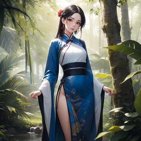 1girl,china,hanfu,best quality, masterpiece,8k, RAW photo, in a vibrant and colorful landscape, a figure midi dressed in a metallic midi dress and tie struts forward with precision. The scene is set against the backdrop of a lush green forest, with tall trees and chirping birds in the background. deep focus, Cinestill, dslr, F/1.8, Vivid Colors, realistic and detailed, inspired, badge, enchanted, luxury, artistic