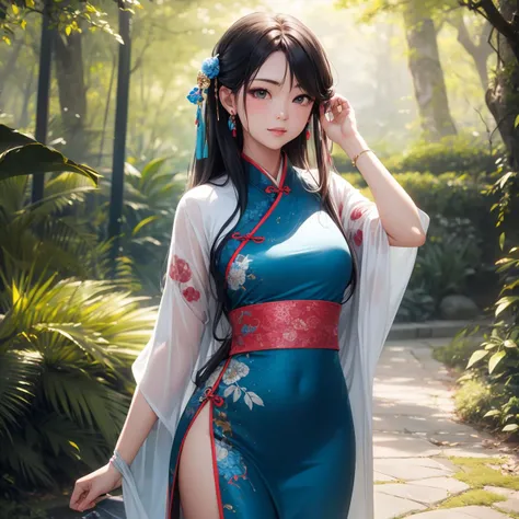 1girl,china,hanfu,best quality, masterpiece,8k, RAW photo, in a vibrant and colorful landscape, a figure midi dressed in a metallic midi dress and tie struts forward with precision. The scene is set against the backdrop of a lush green forest, with tall trees and chirping birds in the background. deep focus, Cinestill, dslr, F/1.8, Vivid Colors, realistic and detailed, inspired, badge, enchanted, luxury, artistic