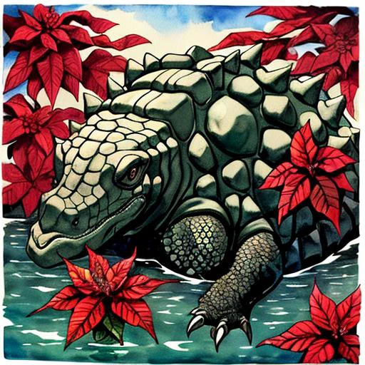 1girl,masterpiece,best quality, by David Goldblatt, Water color painting, extremely stylish, eye-level shot of a Boorish (Ankylosaurus:1.2) , water with Poinsettia, soft focus, Dark Wave Art, F/2.8, Kinemacolor, sunny, cool colors, radiant, atmosphere, intricate detail