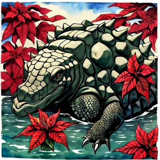 1girl,masterpiece,best quality, by David Goldblatt, Water color painting, extremely stylish, eye-level shot of a Boorish (Ankylosaurus:1.2) , water with Poinsettia, soft focus, Dark Wave Art, F/2.8, Kinemacolor, sunny, cool colors, radiant, atmosphere, intricate detail
