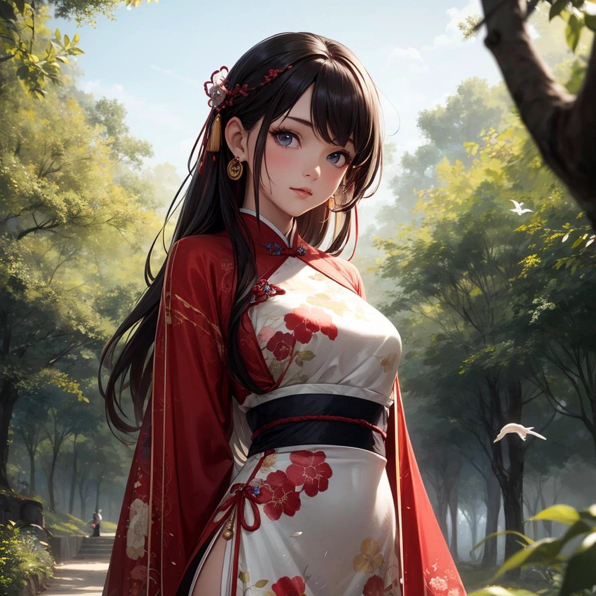 1girl,china,hanfu,best quality, masterpiece,8k, RAW photo, in a vibrant and colorful landscape, a figure midi dressed in a metallic midi dress and tie struts forward with precision. The scene is set against the backdrop of a lush green forest, with tall trees and chirping birds in the background. deep focus, Cinestill, dslr, F/1.8, Vivid Colors, realistic and detailed, inspired, badge, enchanted, luxury, artistic