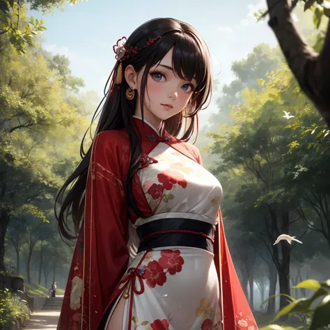 1girl,china,hanfu,best quality, masterpiece,8k, RAW photo, in a vibrant and colorful landscape, a figure midi dressed in a metallic midi dress and tie struts forward with precision. The scene is set against the backdrop of a lush green forest, with tall trees and chirping birds in the background. deep focus, Cinestill, dslr, F/1.8, Vivid Colors, realistic and detailed, inspired, badge, enchanted, luxury, artistic