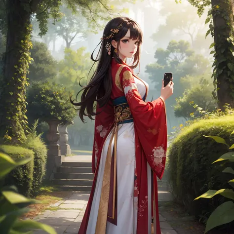1girl,china,hanfu,best quality, masterpiece,8k, RAW photo, in a vibrant and colorful landscape, a figure midi dressed in a metallic midi dress and tie struts forward with precision. The scene is set against the backdrop of a lush green forest, with tall trees and chirping birds in the background. deep focus, Cinestill, dslr, F/1.8, Vivid Colors, realistic and detailed, inspired, badge, enchanted, luxury, artistic