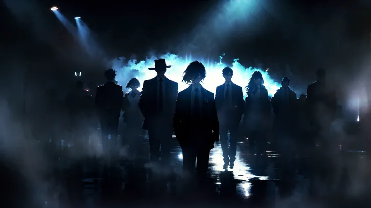 hallyu a group of people standing in front of someone in the dark, in the style of synthetism-inspired, hallyu, raw and edgy,  ferrania p30
fashionepic realistic, (dark shot:1), shadows, darkness, rays of light, reflections, mist, smoke, halos, flickering, contrast, layered colors
Mafia Film Light and Shadow Styledark, gray, black and white, vivid colors, contrast,
<lora:~Q?-YN hallyu:0.9>