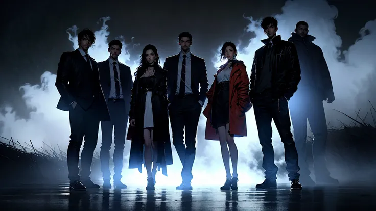 hallyu a group of people standing in front of someone in the dark, in the style of synthetism-inspired, hallyu, raw and edgy, made of mist, oshare kei, ferrania p30 <lora:~Q?-YN hallyu:0.9>
