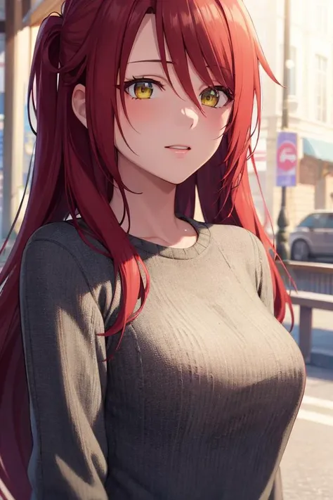 masterpiece, (best quality), 1woman,1girl,solo ,kawasegawa_eiko1, red hair , long hair,yellow eyes,hair between eyes, sweater, white shirt,best quality , vibrant colors ,natural lighting ,RTX, beautiful, (detailed face:1.2), outdoors, (photorealistic:1.2), 8k uhd, looking a viewer, (detailed eyes:1.2), simple backround, black pupil, (upper half of body), (beautiful woman)
