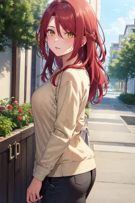 masterpiece, (best quality), 1woman,1girl,solo ,kawasegawa_eiko1, red hair , long hair,yellow eyes,hair between eyes, (striped sweater), white shirt,best quality , vibrant colors ,natural lighting ,RTX, beautiful, (detailed face:1.2), outdoors, (photorealistic:1.2), 8k uhd, looking a viewer, (detailed eyes:1.2), simple backround, black pupil, (upper half of body), (beautiful woman), perfect proportions