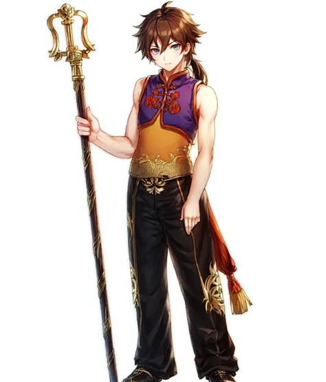 masterpiece, white background, simple background , standing, full body, 1boy, solo, looking at viewer, long hair, brown hair, blue eyes, low ponytail, chinese clothes, bare arms, pants, staff, headband <lora:Suikoden Males:1>