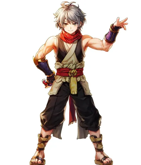 masterpiece, white background, simple background , standing, full body, 1boy, solo, looking at viewer, gray hair, short hair, ninja, eye escar, bare arms, gauntlets, sandals, smile, scarf, ninja pose <lora:Suikoden Males:1>