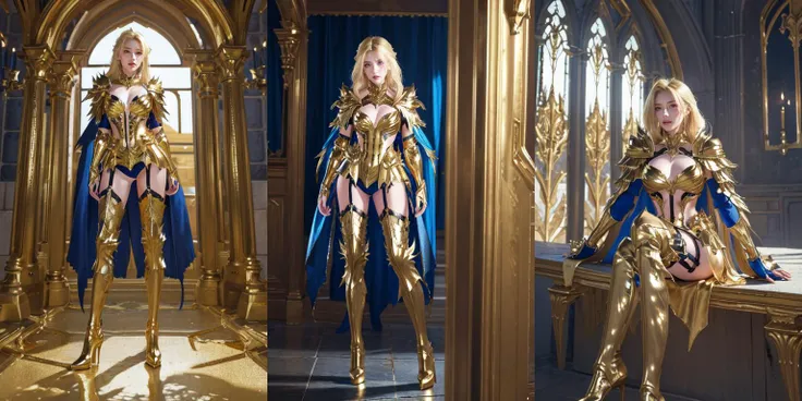 (otherworldly), highly insanely detailed, masterpiece, top quality, best quality, highres, 4k, 8k, RAW photo, (very aesthetic, beautiful and aesthetic), stunning woman wearing LAColdFury, <lora:LAColdFury:0.6>, (blonde hair:1.2), (long hair, hair over shoulder), garter strap, blue cape, gold armor, (gold boots), (high heel boots), (fantasy world)