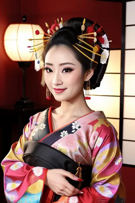 4K, Masterpiece, highres, absurdres,natural volumetric lighting and best shadows, smiling,deep depth of field,soft delicate beautiful attractive face, beautiful edgOiran_woman, a woman in a kimono posing for a picture ,perfect edgOiran_face,perfect edgOiran_body,edgOiran_makeup,edgOiran_hairstyle<lora:OiranbyEDG:0.65>