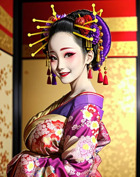 4K, Masterpiece, highres, absurdres,natural volumetric lighting and best shadows, smiling,deep depth of field,soft delicate beautiful attractive face, beautiful edgOiran_woman, a woman in a kimono posing for a picture  ,perfect edgOiran_face,perfect edgOiran_body,edgOiran_makeup,edgOiran_hairstyle<lora:OiranbyEDG:0.8>