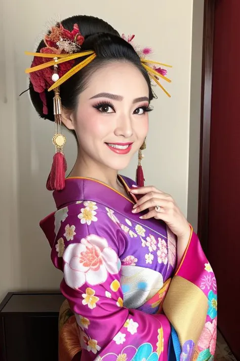 4K, Masterpiece, highres, absurdres,natural volumetric lighting and best shadows, smiling,medium full shot,soft delicate beautiful attractive face, beautiful edgOiran_woman, a woman in a kimono posing for a picture ,perfect edgOiran_face,perfect edgOiran_body,edgOiran_makeup,edgOiran_hairstyle<lora:OiranbyEDG:0.65> <lora:HDPornStyleTest3:0.2>HDSTYLE,COLORFUL, <lora:add_detail:0.2>