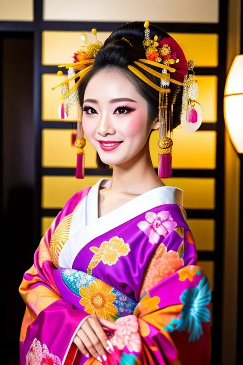 4K, Masterpiece, highres, absurdres,natural volumetric lighting and best shadows, smiling,medium full shot,soft delicate beautiful attractive face, beautiful edgOiran_woman, a Taiwanese woman in a kimono posing for a picture ,perfect edgOiran_face,perfect edgOiran_body,edgOiran_makeup,edgOiran_hairstyle<lora:OiranbyEDG:0.65> <lora:HDPornStyleTest3:0.3>,HDSTYLE,COLORFUL, <lora:add_detail:0.3>