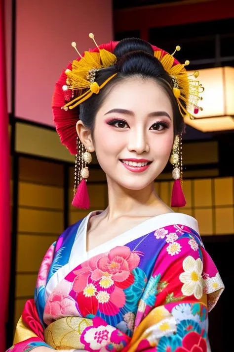 4K, Masterpiece, highres, absurdres,natural volumetric lighting and best shadows, smiling,deep depth of field,soft delicate beautiful attractive face, beautiful edgOiran_woman, a woman in a kimono posing for a picture ,perfect edgOiran_face,perfect edgOiran_body,edgOiran_makeup,edgOiran_hairstyle<lora:OiranbyEDG:0.65> <lora:HDPornStyleTest3:0.2>HDSTYLE,COLORFUL, <lora:add_detail:0.2>