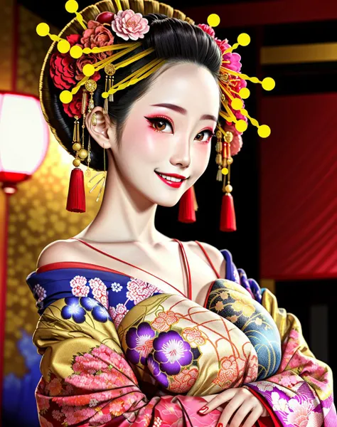 4K, Masterpiece, highres, absurdres,natural volumetric lighting and best shadows, smiling,deep depth of field,soft delicate beautiful attractive face, beautiful edgOiran_woman, a woman in a kimono posing for a picture ,perfect edgOiran_face,perfect edgOiran_body,edgOiran_makeup,edgOiran_hairstyle<lora:OiranbyEDG:0.8>