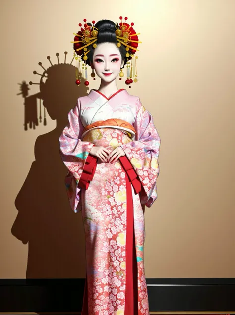 4K, Masterpiece, highres, absurdres,natural volumetric lighting and best shadows, smiling,deep depth of field,soft delicate beautiful attractive face, beautiful edgOiran_woman, a woman in a kimono posing for a picture ,perfect edgOiran_face,perfect edgOiran_body,edgOiran_makeup,edgOiran_hairstyle, (((full body picture)))<lora:OiranbyEDG:0.8>